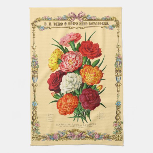 カーネーションのレトロなヴィクトリア時代の植物画 キッチンタオル (縦)