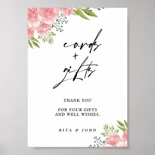 カーネーションの花のカードと結婚ギフトのサイン ポスター (正面)