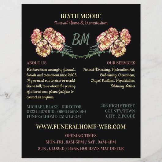 カーネーションの花，葬儀場，ディレクタ チラシ (正面)