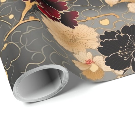 カーネーションエレガント |グレーの赤と金ゴールドの花模様 ラッピングペーパー (ロールコーナー)