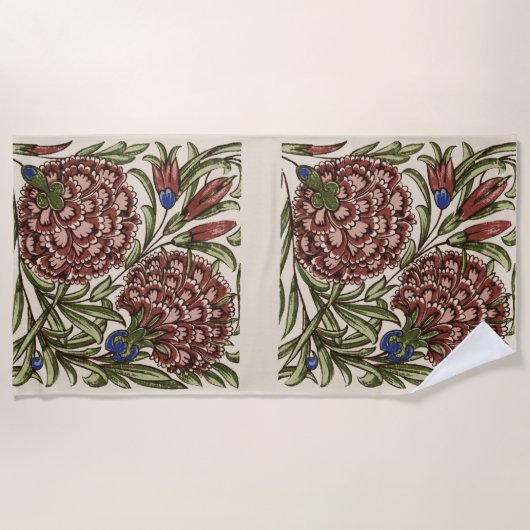 カーネーションフラワータイルアンティーク素朴アート ビーチタオル (正面)