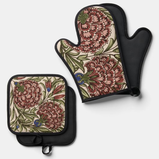 カーネーションフラワータイルアンティーク素朴アート 鍋つかみ&鍋敷きセット (正面/裏面)