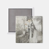 カーネーション植物の世話をするテラスの女性(黒) マグネット (正面/裏面)