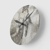 カーネーション植物の世話をするテラスの女性(黒) ラウンド壁時計 (傾斜)