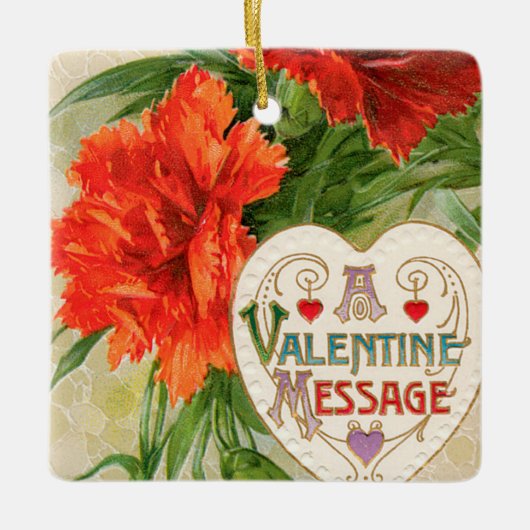 カーネーション花ヴィンテージバレンタインデー セラミックオーナメント (正面)