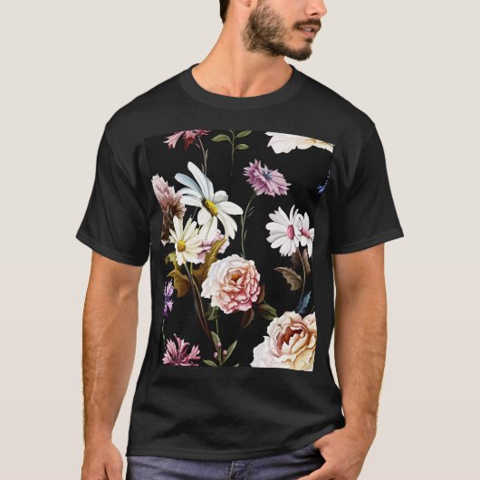 カーネーション、カモミールの花、黒いパターン。 Tシャツ (正面)