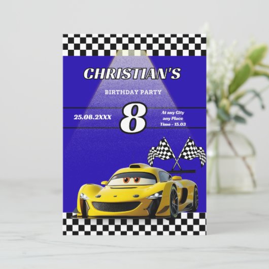 カーパーソナライズされたボーイズ誕生日パーティーへの招待 (スタンド正面)