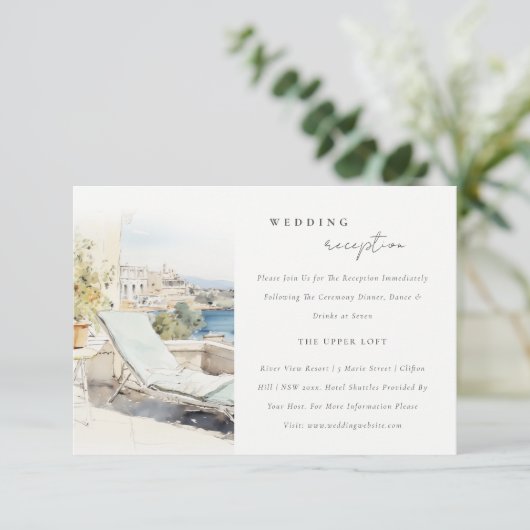 カーフギリシャ水彩風景ウェディングレセプション エンクロージャーカード (スタンド正面)