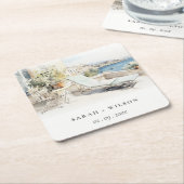 カーフギリシャ水彩風景結婚ズ スクエアペーパーコースター (アングル)