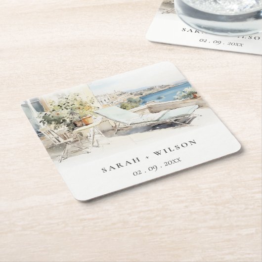 カーフギリシャ水彩風景結婚ズ スクエアペーパーコースター (アングル)