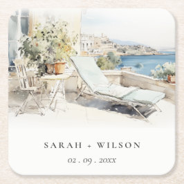 カーフギリシャ水彩風景結婚ズ スクエアペーパーコースター