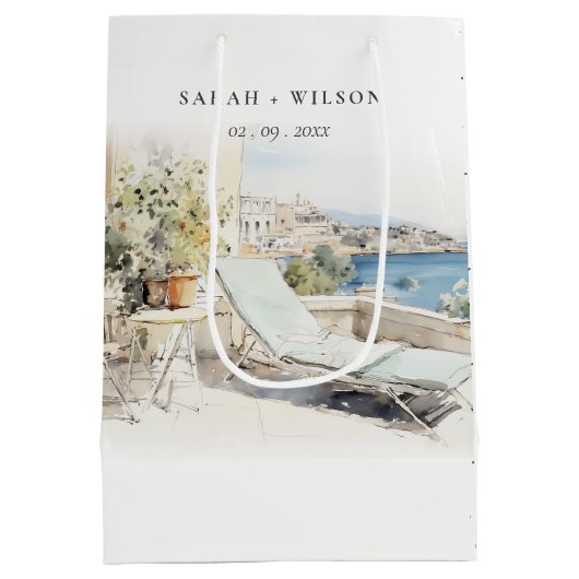 カーフギリシャ水彩風景結婚ズ ミディアムペーパーバッグ (裏面)