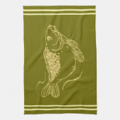 カープアンリングフィッシャーマンカーキグリーン魚釣り キッチンタオル (縦)