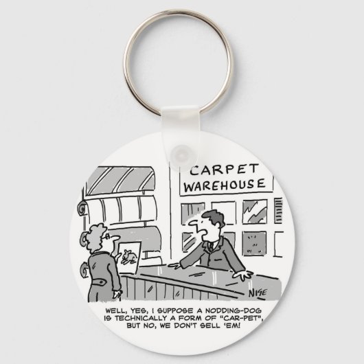 カーペットのショールームはうなずく犬を販売しない。おもしろい キーホルダー (正面)