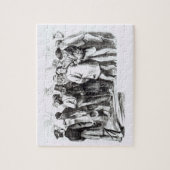 カーペットを敷いて下さい袋詰め作業者、遅い1860年代(版木、銅版、版画) (b/wの写真)に ジグソーパズル (縦)