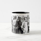 カーペットを敷いて下さい袋詰め作業者、遅い1860年代(版木、銅版、版画) (b/wの写真)に ツートーンマグカップ (中央)