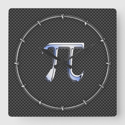 カーボンファイバーのようなシルバークロームのπ記号 スクエア壁時計 (正面)