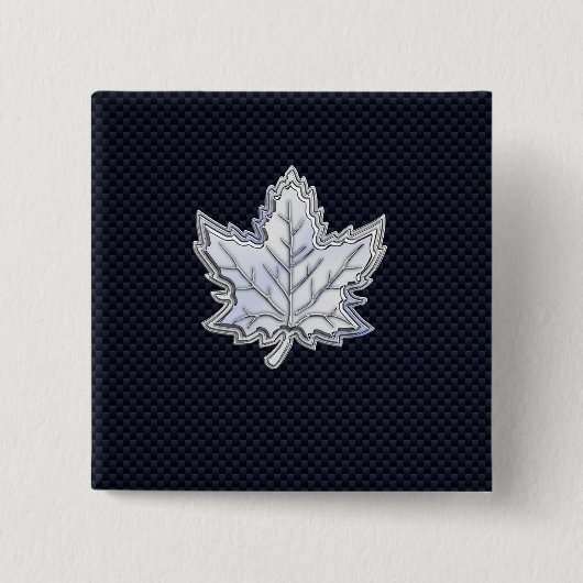 カーボンファイバーブラック上のクロームのようなメープルリーフ 缶バッジ (正面)
