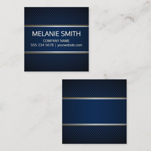カーボンファイバーブルー背景イエローホワイトライン スクエア名刺 (正面/裏面)