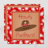 カーボーイ・ハットの赤いペイズリーのバンダナの誕生会 招待状 (正面/裏面)