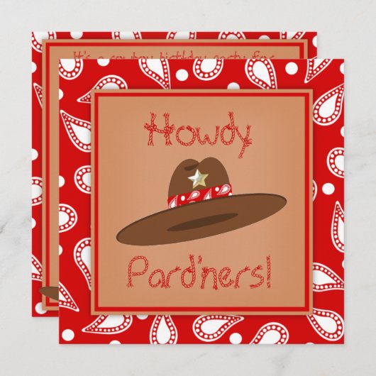 カーボーイ・ハットの赤いペイズリーのバンダナの誕生会 招待状 (正面/裏面)