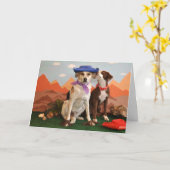 カーボーイ・ハットを持つ2匹の愛情深い犬の写真 カード (黄色い花)