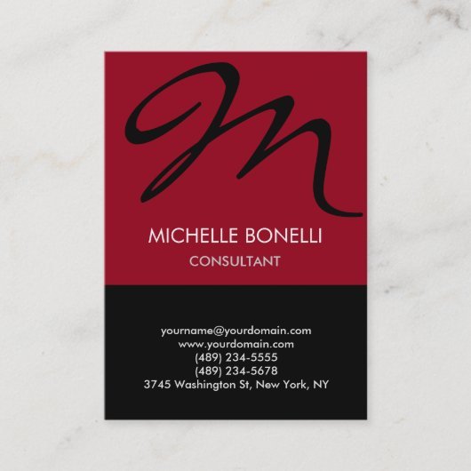 カーミンモダンブラックスクリプトモノグラム名刺 名刺 (正面)