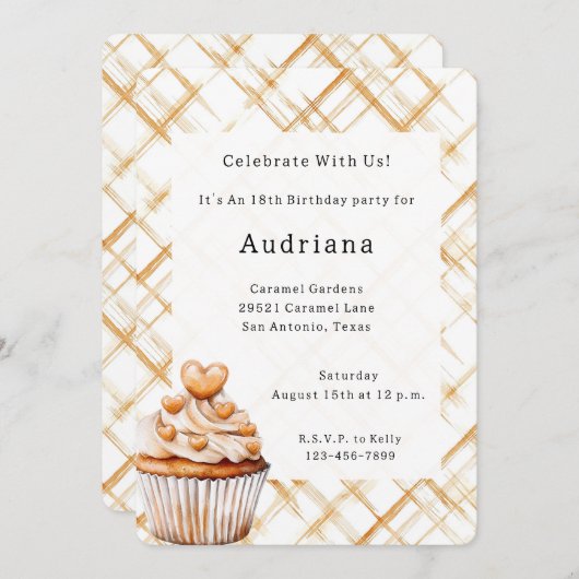 カーメルクリームハートカップケーキ誕生日 招待状 (正面/裏面)