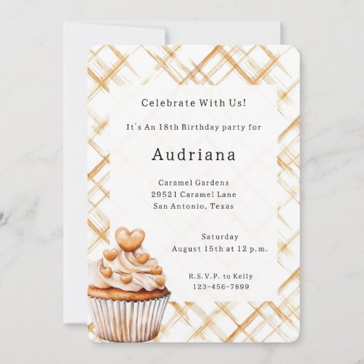 カーメルクリームハートカップケーキ誕生日 招待状 (正面)