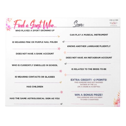 カーラのブライダルシャワーゲーム「誰を見つける…」 ノートパッド (正面)