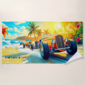 カーラバーのサーフビーチのオレンジ色のホットロッド ビーチタオル (正面)