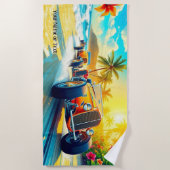 カーラバーのサーフビーチのオレンジ色のホットロッド ビーチタオル (正面)