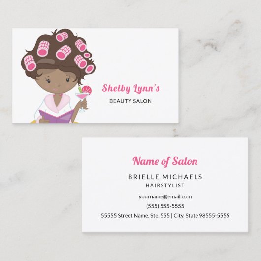 カーラーズヘアとかわいいピンクの女の子と美しいサロン 名刺 (正面/裏面)