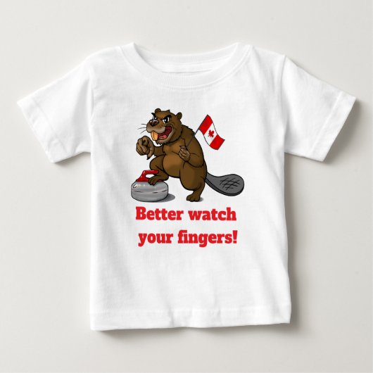 カーリングをするビーバーと旗 ベビーTシャツ (正面)