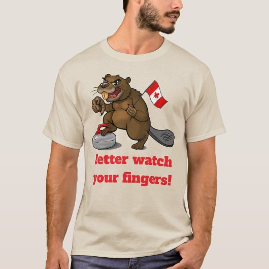 カーリングをするビーバーと旗 Tシャツ (正面)