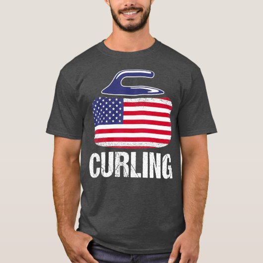 カーリングUSA赤白青カーリング石国旗 Tシャツ (正面)