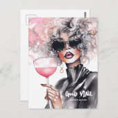 カーリーガール赤い唇つる植物ブラックドレスの水色 ポストカード (正面/裏面)