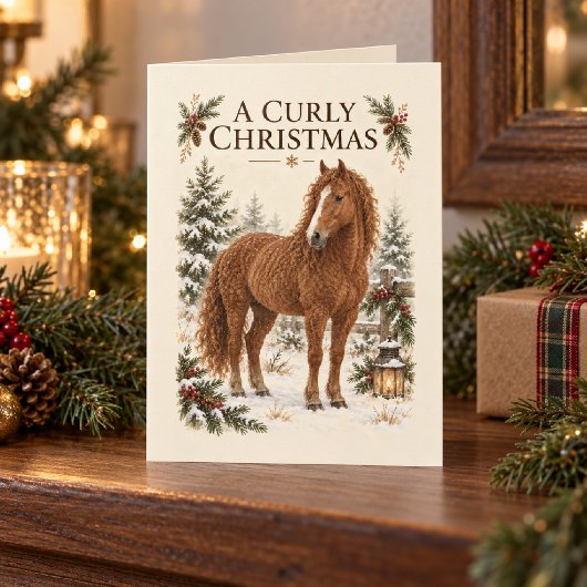カーリークリスマスの馬 水彩画アート カード