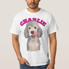 カーリーグレー プードル犬 鼻をなめるイラスト Tシャツ