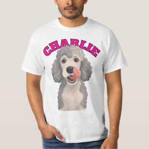 カーリーグレー プードル犬 鼻をなめるイラスト Tシャツ