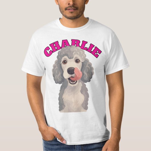 カーリーグレー プードル犬 鼻をなめるイラスト Tシャツ (正面)