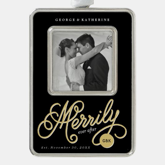 カーリースクリプトの後に楽しくクリスマスの写真 シルバープレートフレームオーナメント (正面)