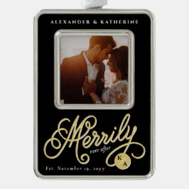 カーリースクリプトの後に楽しくクリスマスの写真 シルバープレートフレームオーナメント
