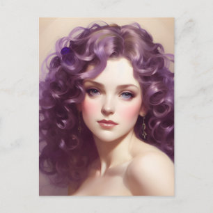 カーリーパープルヘアーポストカードを持つ女性 ポストカード