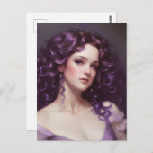 カーリーパープルヘアーポストカードを持つ女性 ポストカード (正面/裏面)