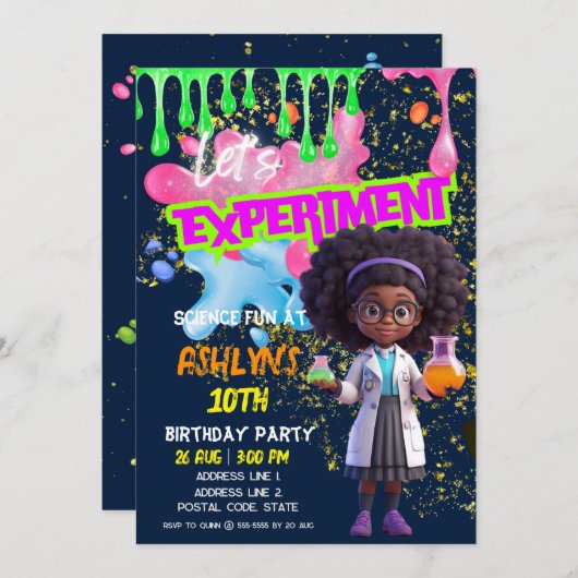 カーリーヘアガールサイエンティストおもしろい誕生日 招待状 (正面/裏面)