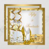 カーリー50とファンタジーホワイト金ゴールド誕生日パーティー 招待状 (正面/裏面)