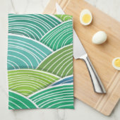 カールされた抽象的なグリーン・ウェーブの背景 キッチンタオル (四つ折り)