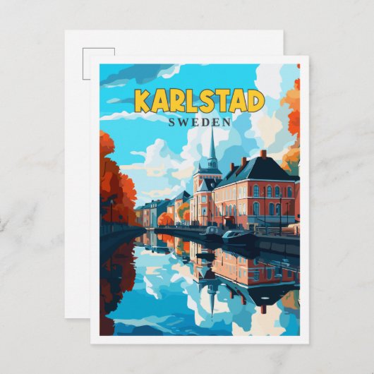 カールスタッドスウェーデンヴィンテージ旅行イラストレーション ポストカード (正面/裏面)