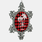 カールスバッドカリフォルニアビーチパームツリーレッドプレイド スノーフレークピューターオーナメント (左)